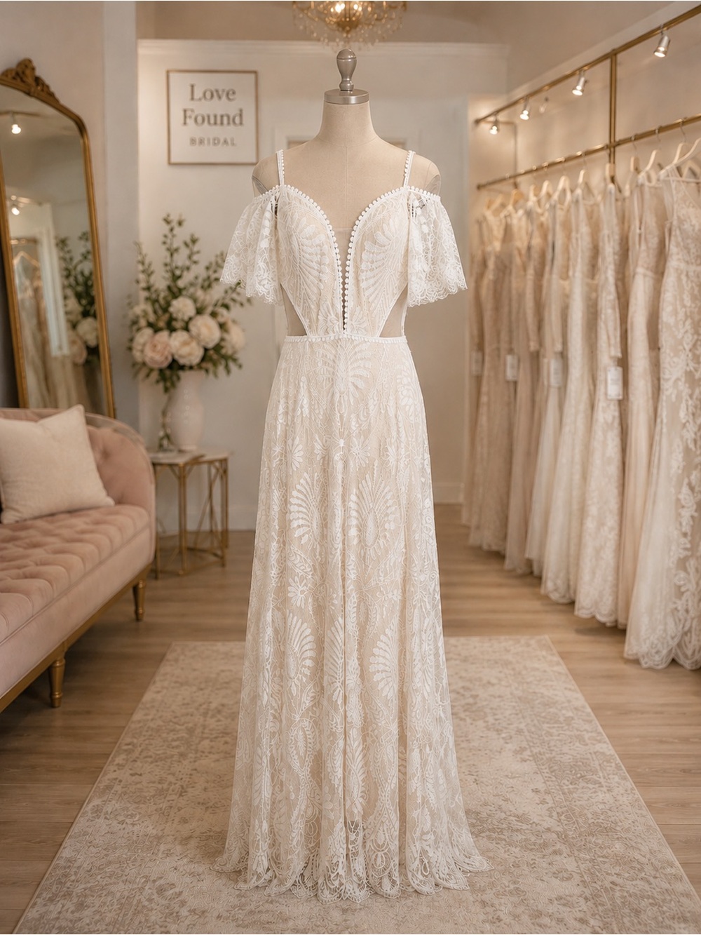 Ayervici Boho Lace Ivory Off-Shoulder Bridal Gown, Size 6